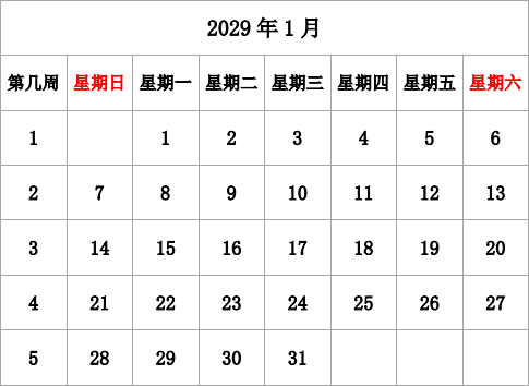 2029年台历 无农历，有周数，周日开始